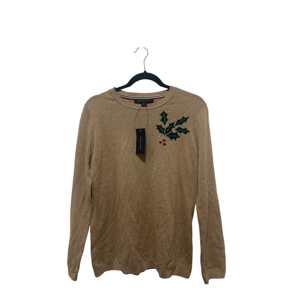 Tommy Hilfiger 100% Cotton Holiday Sweater Tan Knit Holly Crewneck Medium NWT